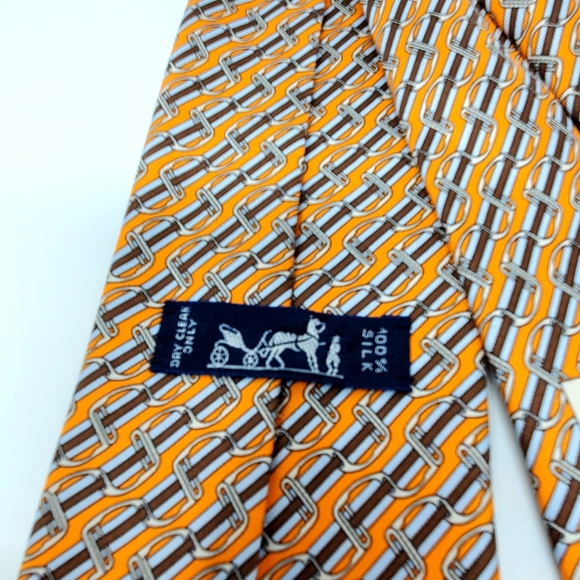 Hermes colorful Orange/grey belt and bit printed 100% Silk tie Exce. Condition - Picture 4 of 10